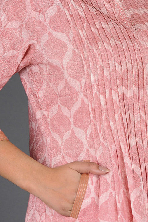 Dharan 'Charchara Print Pintuck Kurta' Coral Block Printed Kurta - Image 3