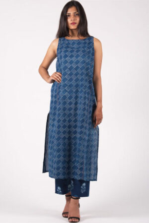 Dharan Neel Slash Tunic Indigo Block Printed Dress