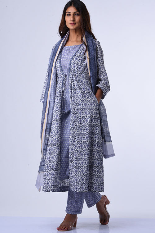 Dharan Tarana Kurta Grey Block Printed Kurta set of 3 - Image 2