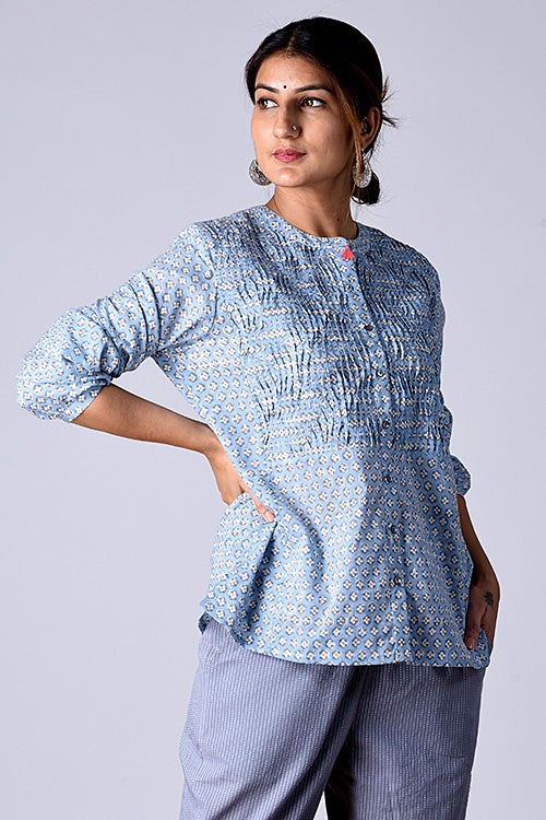 Dharan Dili Top Blue Block printed Shirt - Image 2