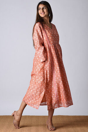 Dharan Upavan Dress Peach Block Printed Dress