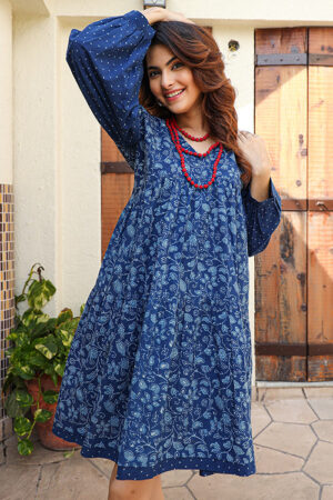 Dharan Jiya Dress  Indigo Block Printed Dress