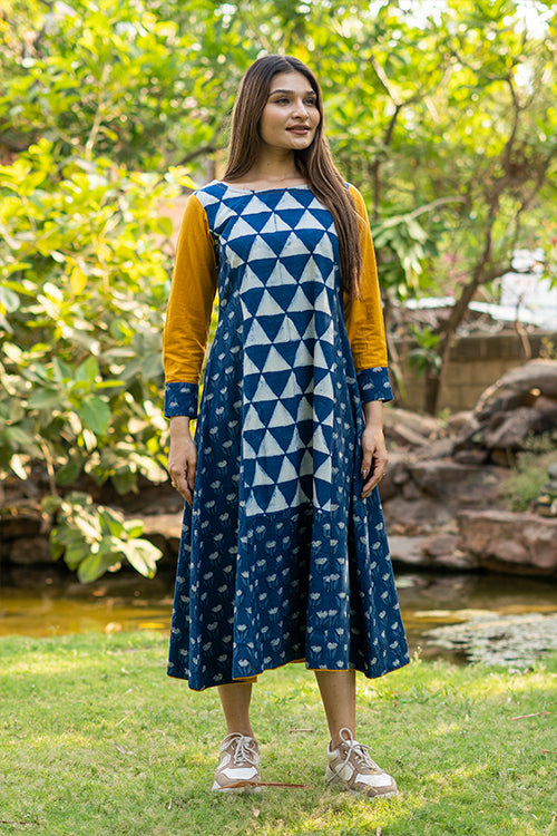 Moralfibre Handblock Printed Indigo Dress With Golden Yellow Sleeves