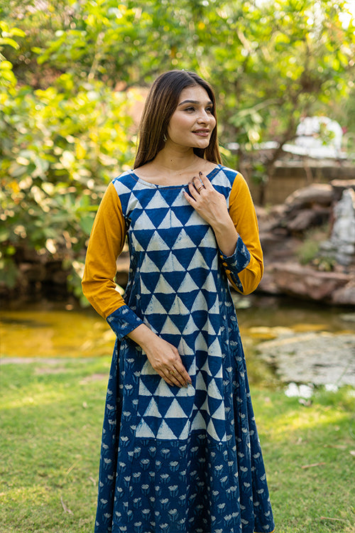 Moralfibre Handblock Printed Indigo Dress With Golden Yellow Sleeves - Image 2