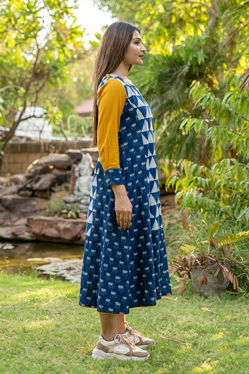 Moralfibre Handblock Printed Indigo Dress With Golden Yellow Sleeves - Image 3