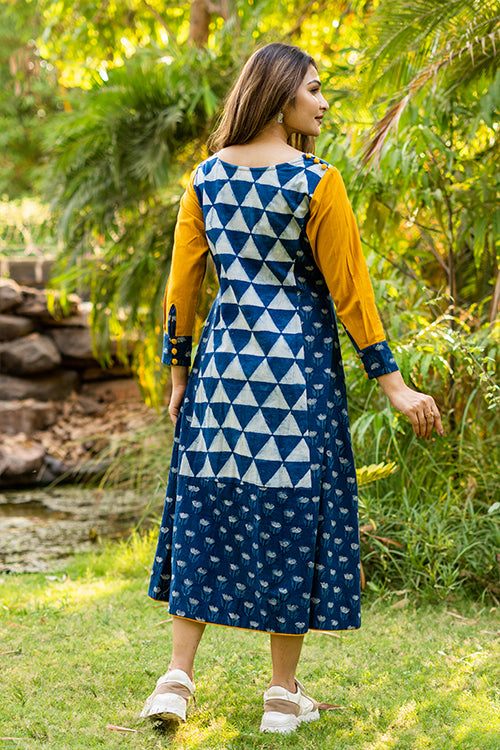 Moralfibre Handblock Printed Indigo Dress With Golden Yellow Sleeves - Image 5