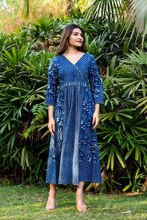 Moralfibre Handblock Printed Indigo Dress With Hand Embroidered Beads And Coin Work