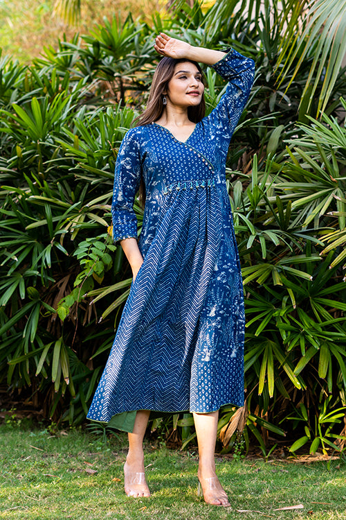Moralfibre Handblock Printed Indigo Dress With Hand Embroidered Beads And Coin Work - Image 3