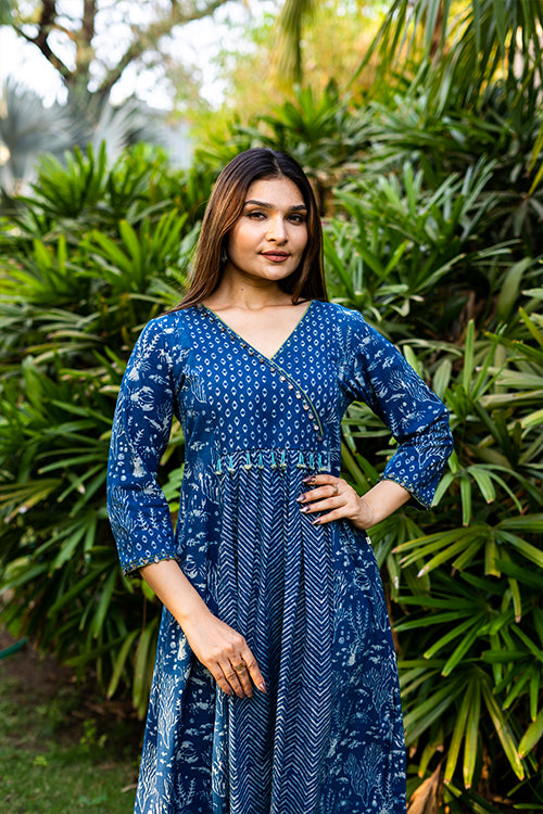Moralfibre Handblock Printed Indigo Dress With Hand Embroidered Beads And Coin Work - Image 2