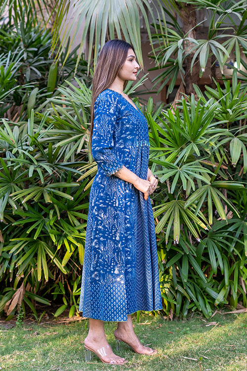 Moralfibre Handblock Printed Indigo Dress With Hand Embroidered Beads And Coin Work - Image 4