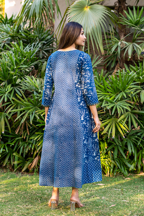 Moralfibre Handblock Printed Indigo Dress With Hand Embroidered Beads And Coin Work - Image 5