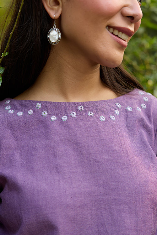 Okhai 'Oorja' Hand-Embroidery and Mirrorwork Pure Cotton Purple Top - Image 2