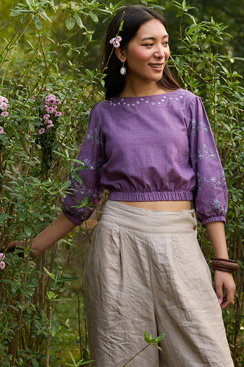 Okhai 'Oorja' Hand-Embroidery and Mirrorwork Pure Cotton Purple Top - Image 3