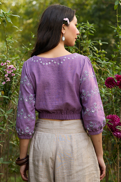 Okhai 'Oorja' Hand-Embroidery and Mirrorwork Pure Cotton Purple Top - Image 4