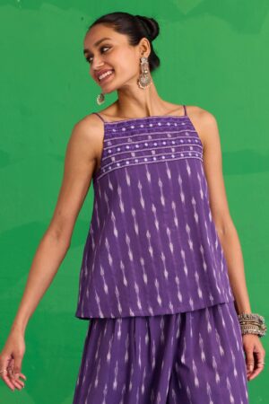 Okhai Mulberry Hand-Embroidered Mirrorwork Pure Cotton Ikkat Purple Top