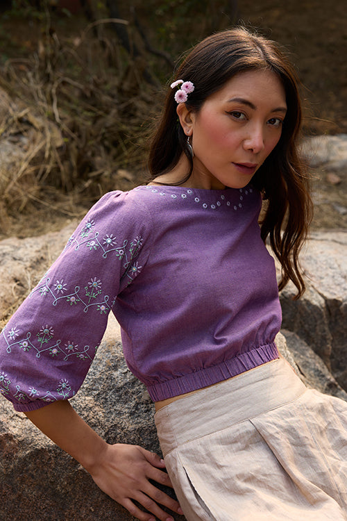 Okhai 'Oorja' Hand-Embroidery and Mirrorwork Pure Cotton Purple Top - Image 5