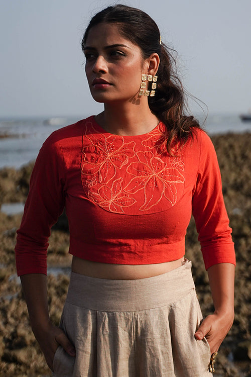 Okhai Marigolds Hand-Embroidered and Beadwork Pure Cotton Blouse - Image 2