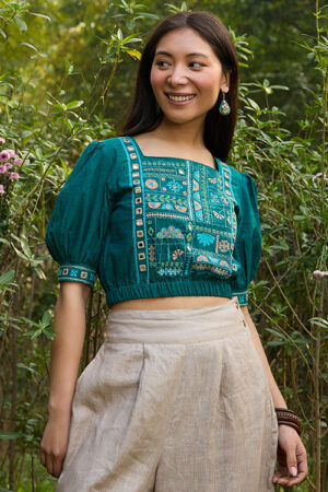 Okhai Eden Hand-Embroidery and Mirrorwork Pure Cotton Green Blouse