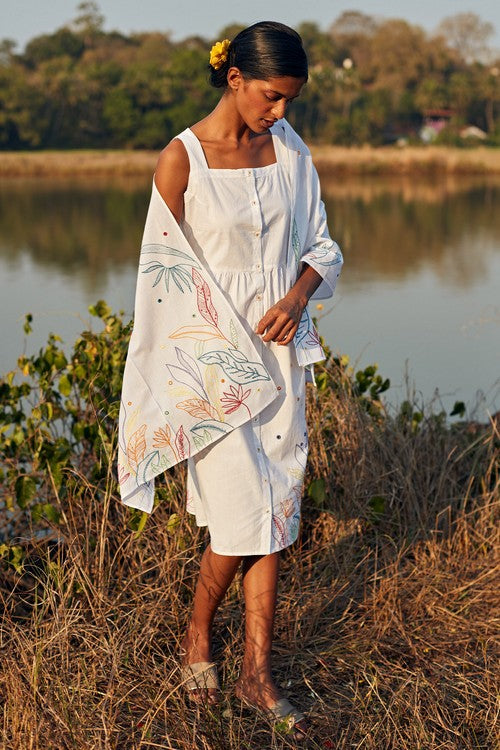 Okhai 'Daydream' Hand Embroidered Mirror Work Pure Cotton Dress with Stole - Image 6