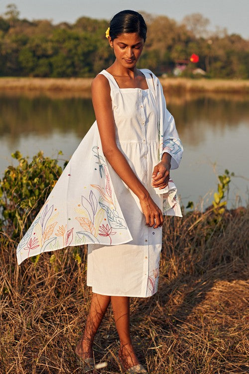 Okhai 'Daydream' Hand Embroidered Mirror Work Pure Cotton Dress with Stole - Image 7