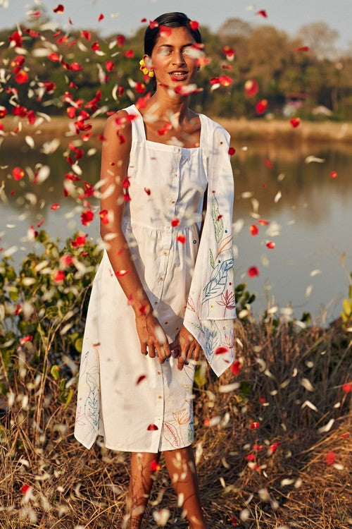 Okhai 'Daydream' Hand Embroidered Mirror Work Pure Cotton Dress with Stole - Image 9