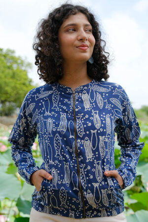 Okhai Freshwater Medley Mirrorwork Handblock Printed Pure Cotton Bomber Jacket