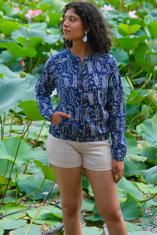 Okhai Freshwater Medley Mirrorwork Handblock Printed Pure Cotton Bomber Jacket - Image 6
