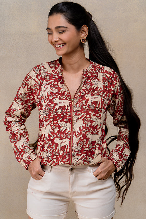 Okhai Gallantry Hand-embroidered and Handblock Printed Pure Cotton Bomber Jacket - Image 4
