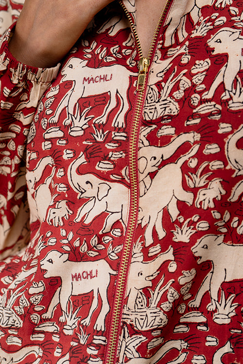 Okhai Gallantry Hand-embroidered and Handblock Printed Pure Cotton Bomber Jacket - Image 3