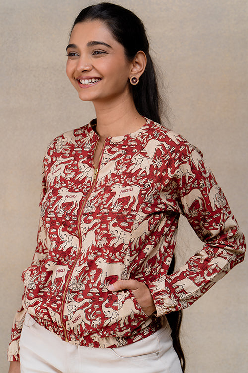 Okhai Gallantry Hand-embroidered and Handblock Printed Pure Cotton Bomber Jacket - Image 8