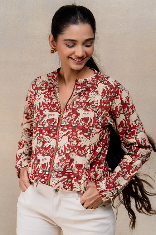 Okhai Gallantry Hand-embroidered and Handblock Printed Pure Cotton Bomber Jacket - Image 5
