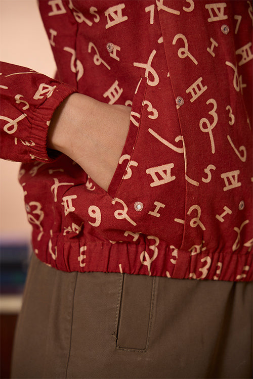 Okhai Crimson Count Handblock Printed Ajrakh Pure Cotton Mirrorwork Bomber Jacket - Image 6