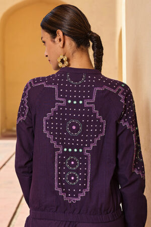 Okhai Kalyanaka Hand Embroidered Mirror and Beadwork Pure Cotton Bomber Jacket
