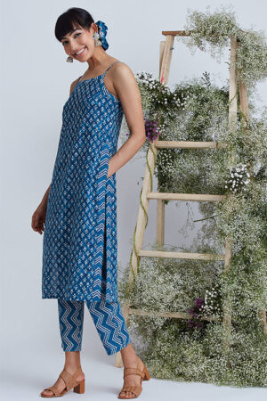Okhai 'Indigo Sand' Hand Block Printed Pure Cotton Kurta Pant Set