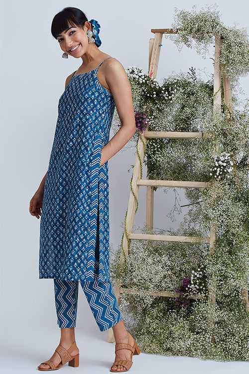 Okhai 'Indigo Sand' Hand Block Printed Pure Cotton Kurta Pant Set