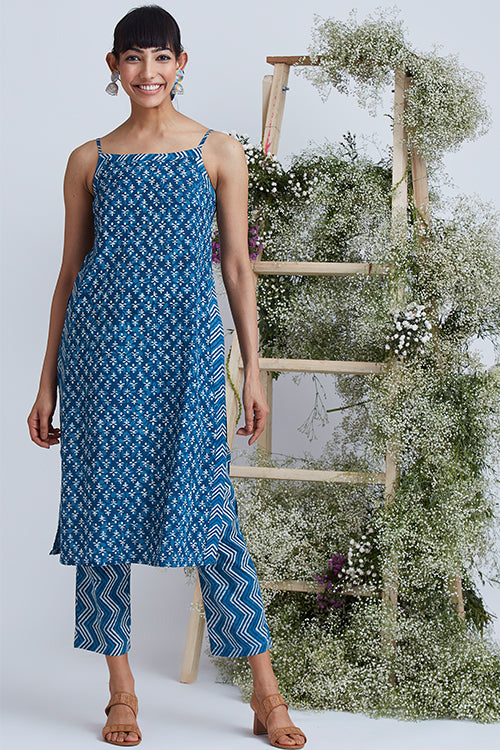 Okhai 'Indigo Sand' Hand Block Printed Pure Cotton Kurta Pant Set - Image 3