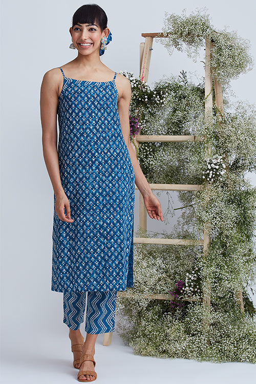 Okhai 'Indigo Sand' Hand Block Printed Pure Cotton Kurta Pant Set - Image 4