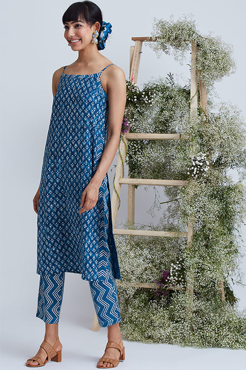 Okhai 'Indigo Sand' Hand Block Printed Pure Cotton Kurta Pant Set - Image 5