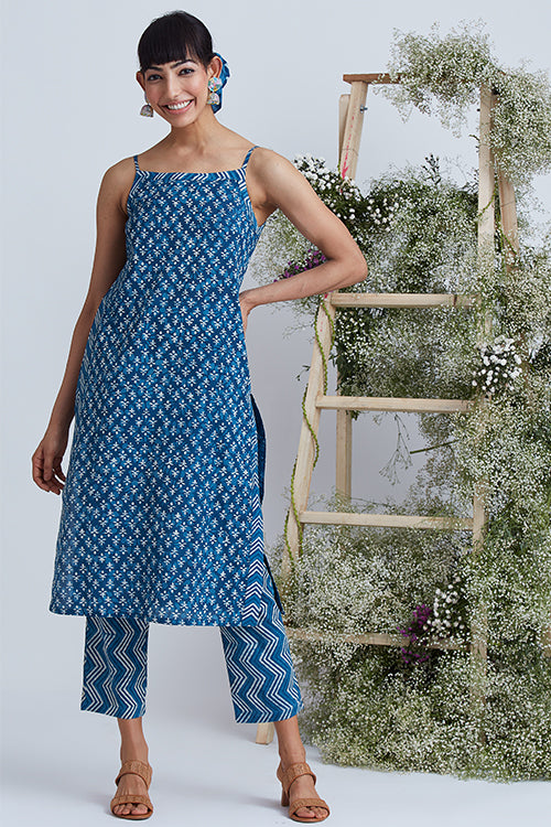 Okhai 'Indigo Sand' Hand Block Printed Pure Cotton Kurta Pant Set - Image 6