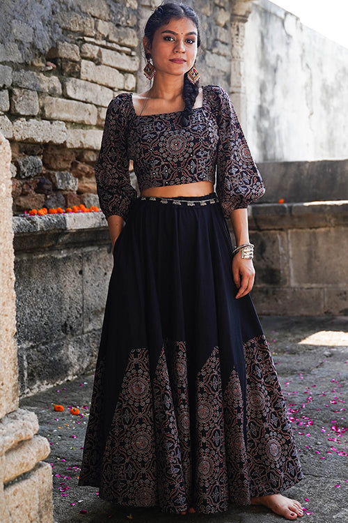Okhai 'Midnight' Black Ajrakh Pure Cotton Free Size Skirt - Image 3