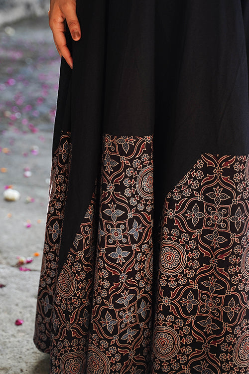 Okhai 'Midnight' Black Ajrakh Pure Cotton Free Size Skirt - Image 4