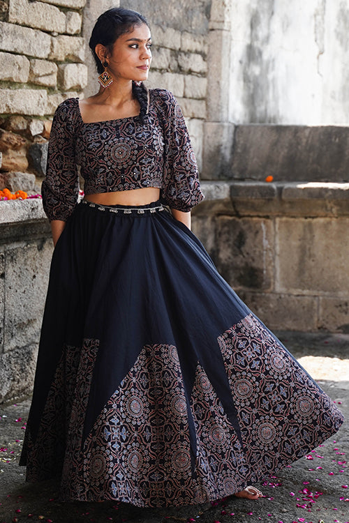 Okhai 'Midnight' Black Ajrakh Pure Cotton Free Size Skirt