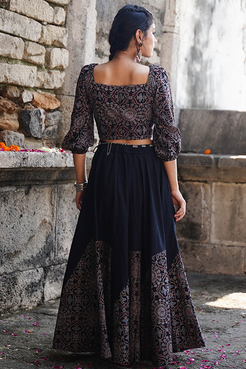 Okhai 'Midnight' Black Ajrakh Pure Cotton Free Size Skirt - Image 5