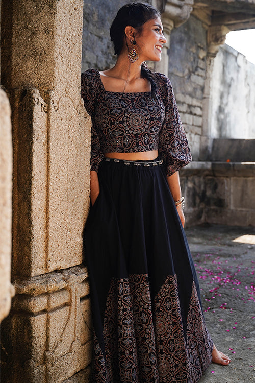 Okhai 'Midnight' Black Ajrakh Pure Cotton Free Size Skirt - Image 6