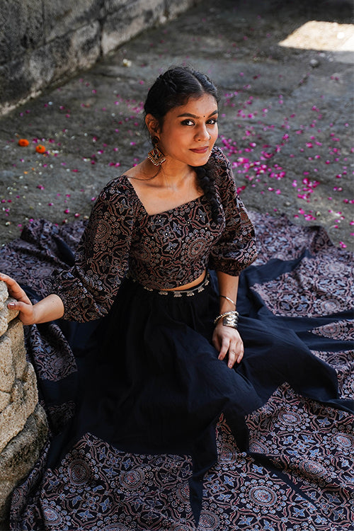 Okhai 'Midnight' Black Ajrakh Pure Cotton Free Size Skirt - Image 2