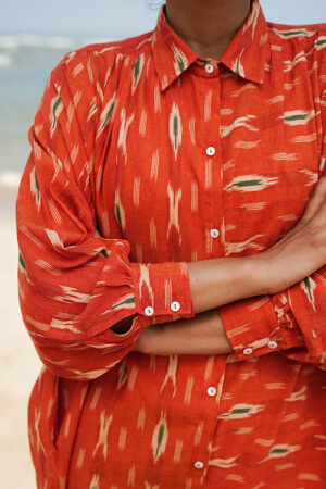 Okhai Oleander Orange Ikkat Pure Cotton Shirt Dress