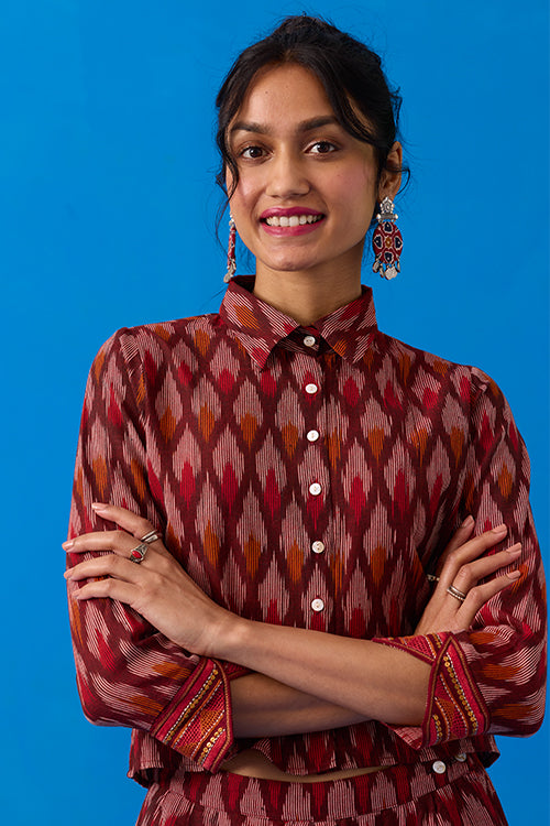 Okhai Colossal Hand-Embroidered Mirrorwork Pure Cotton Ikkat Top and Pants Set - Image 7