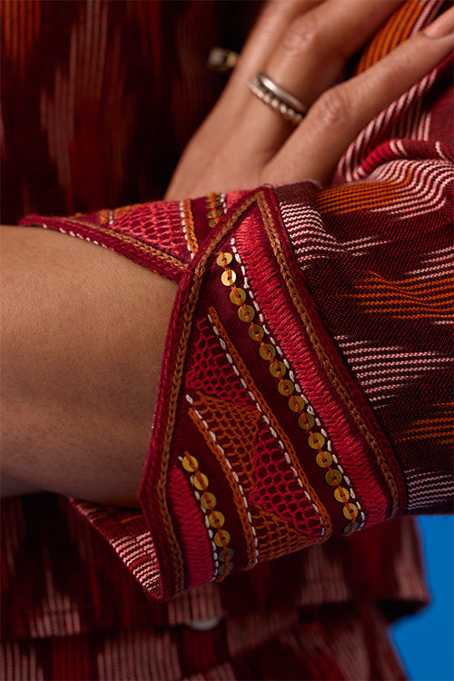 Okhai Colossal Hand-Embroidered Mirrorwork Pure Cotton Ikkat Top and Pants Set - Image 3