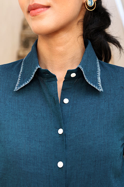 Okhai Brilliance Hand-Embroidered Pure Cotton Collared Top with Pants - Image 2