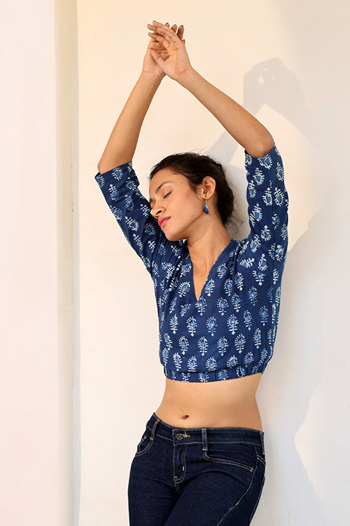 Okhai 'Indigo Paisley' Pure Cotton Hand Embroidered Hand Block Printed Top - Image 5